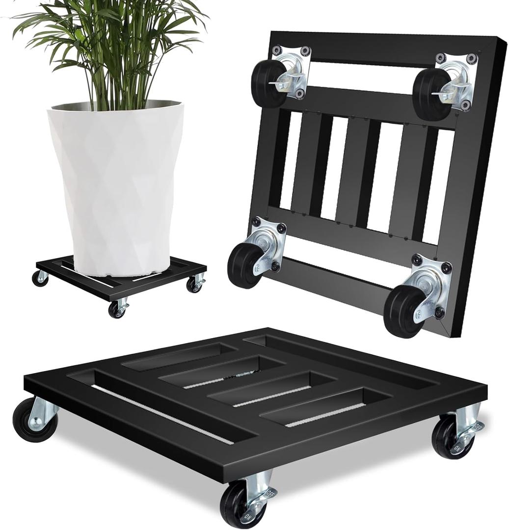 Heavy Duty Plant Caddy with Wheels, 2 Pack Metal Rolling Plant Stand Indoor Outdoor, 12'' Square Plant Dolly with Lockable Caster Wheels Holds up 400 Lbs Planter, Black