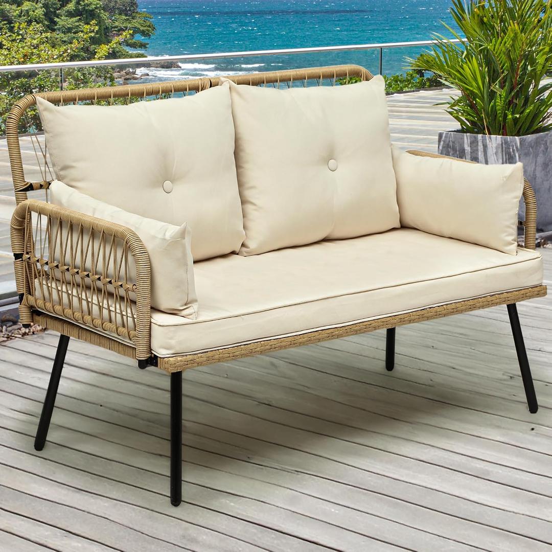 YITAHOME Patio Furniture Wicker Outdoor Loveseat, All-Weather Rattan Conversation for Backyard, Balcony and Deck with Soft Cushions (Light Brown+Beige), 44.9"L x 21.7"W x 31.1"H