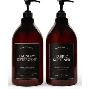 Calindiana Modern Farmhouse Liquid Laundry Detergent and Fabric Softener Dispenser for Laundry Room Decor and Organization, PET Plastic Laundry Soap Containers with Water Resistant Labels, Amber 64oz