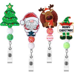 Landical 4 Pack Christmas Badge Reels Retractable Glitter Santa Reindeer Nurse Badge Holder with Swivel Alligator Clip for Christmas Nurse Doctor Office Worker Gift ID Name Tag Decorative Metal Clips