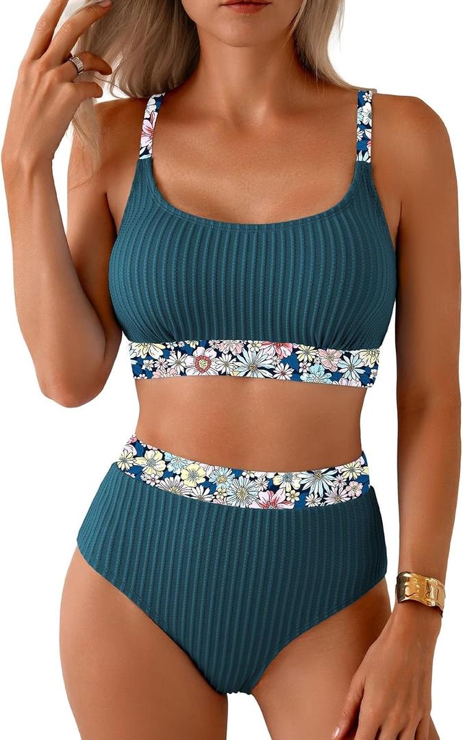Herseas Women's Textured Bikini Sets Floral Print Trim Scoop Neck Swimsuits High Waisted Bathing Suits (Blue, L)