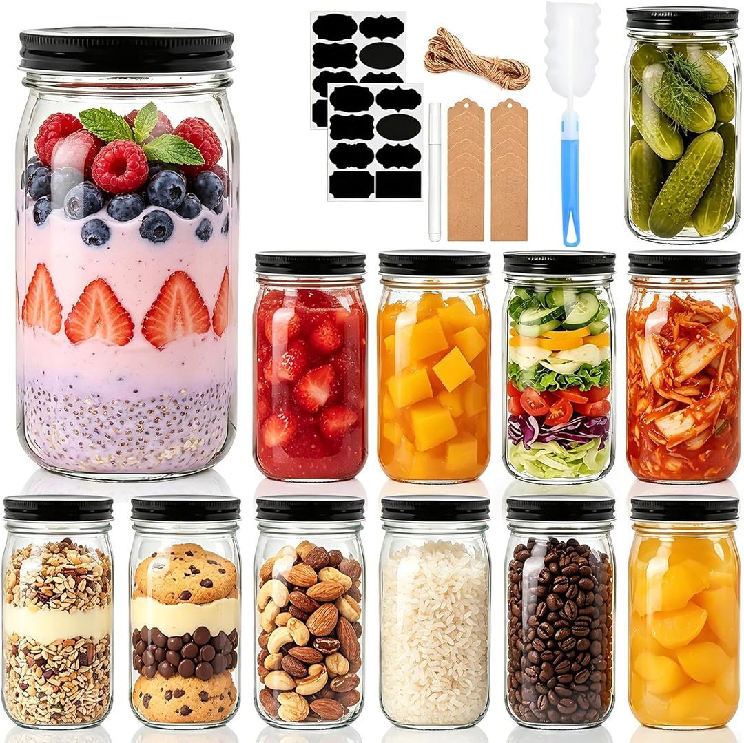 QAPPDA 32 OZ Glass Jars with Lids Set of 12,Clear Wide Mouth 1000ML Glass Mason Jar with Airtight Lid,Durable Glass Food Storage Canning Jars for Pickles,Jams,Preserving