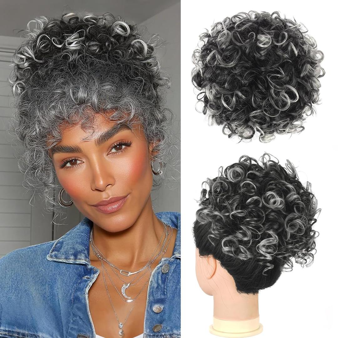 PEACOCO Messy Bun Short Curly Ponytail Extension Elastic Drawstring Loose Hair for Women with Thinning High Temperature Synthetic Fiber Bun 80g, Black to Gray