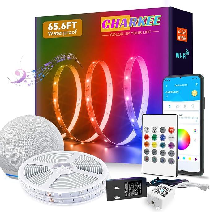 CHARKEE Smart Waterproof Led Strip Lights Outdoor,65.6ft IP65 WiFi Led Lights Work with Alexa & Google Assistant, Voice Control Music Sync Color Changing Tape Lighting for Shower,Kitchen, 35ft