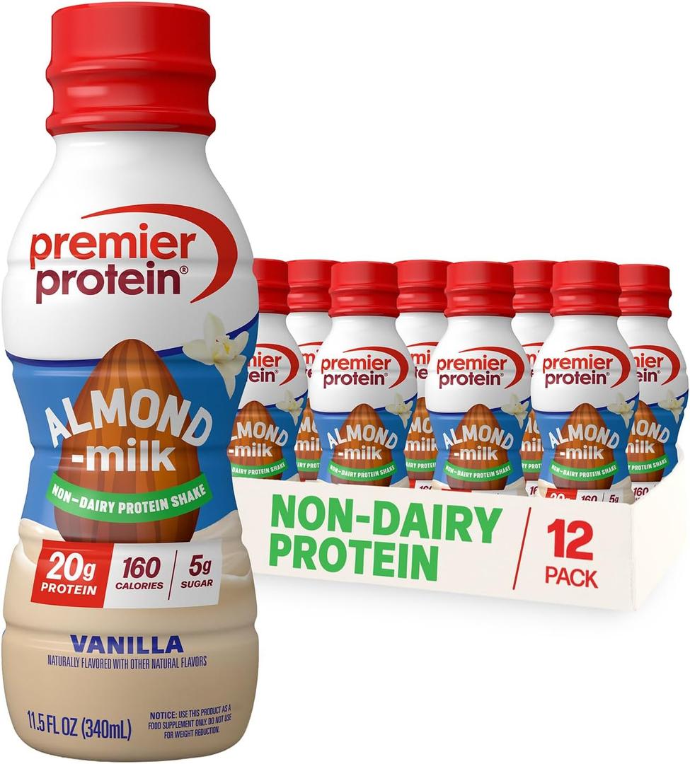 Premier Protein Non-Dairy Plant Based Almondmilk Protein Shake, Vanilla, 20g Protein, 5g Sugar, 11.5 Fl oz (12 Pack) (EXP 08/04/26)