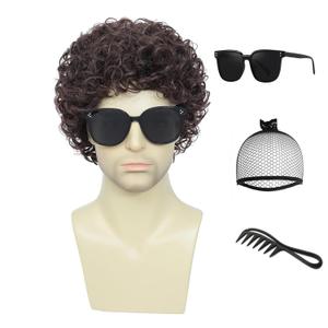 Adequate Mens Short Afro Curly Wig for Male70s 80s Disco Guy Rocker wigs,Halloween Cosplay Fancy Wigs for Daily Party Costume (Dark Brown)