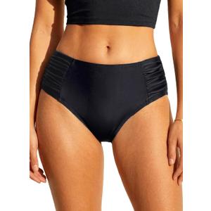 Tempt Me Women Bikini Bottoms Mid Waist Bathing Suit Swimsuit Ruched Swim Bottom (M, Black 1)