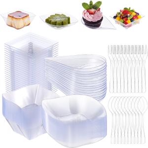 200 Pcs Mini Appetizer Plates Set Including Spoons and Forks, Disposable Mini Dessert Cup 4 Shapes Clear Plastic Dessert Bowls and Serving Trays for Party Wedding Birthday