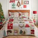 Christmas Snowmen Quilts Full/Queen Size Xmas Reindeer Bedspread Cardinals Car Christmas Tree Bedding New Year Coverlet Plaid Bed Set for Holiday (Beige White)