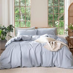 MooMee Bedding Duvet Cover Set 100% Washed Cotton Linen Like Textured Breathable Durable Soft Comfy (Heathered Cornflower Blue, Twin 68"x90")