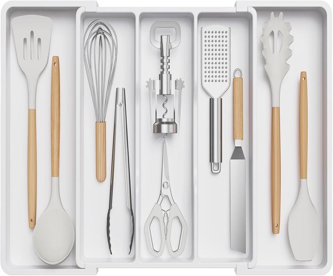 Lifewit Utensil Organizer for Kitchen Drawers, Expandable Cooking Utensil Tray, Adjustable Cutlery Silverware Flatware Holder, Plastic Kitchen Spatula Tools and Gadgets Storage Divider, Large, White