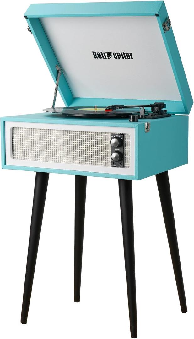 Standing Record Player with Legs, 3 Speed Vinyl LP Player Bluetooth Vintage Turntable with Built-in Speakers USB Input& Recorder, RCA Out, AUX in, Turquoise