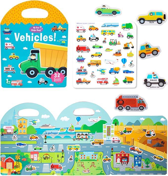 MIKNEKE Jelly Reusable Sticker Books for Toddlers 1-3 2-4 Years, Portable Travel Toys Sticker Activity Book for Kids 2 3 4 Year Old Girls Boys (Vehicles)