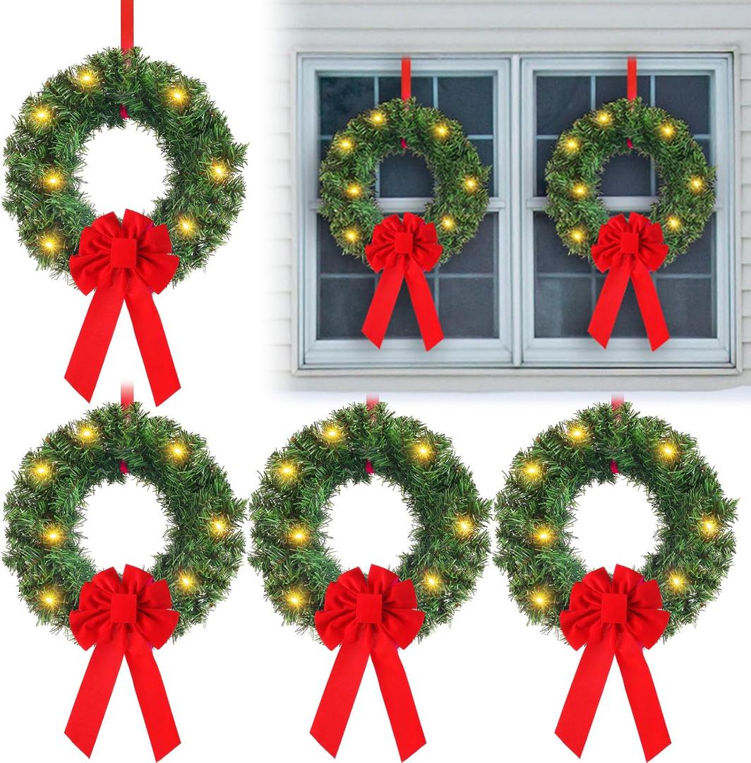Daifunli 6 Pcs Pre-Lit Christmas Wreath with Lights for Windows 11.8 Inch LED Christmas Front Door Wreath with Bow Greenery Artificial Hanging Garlands for Fireplaces Home Porch Wall Decor