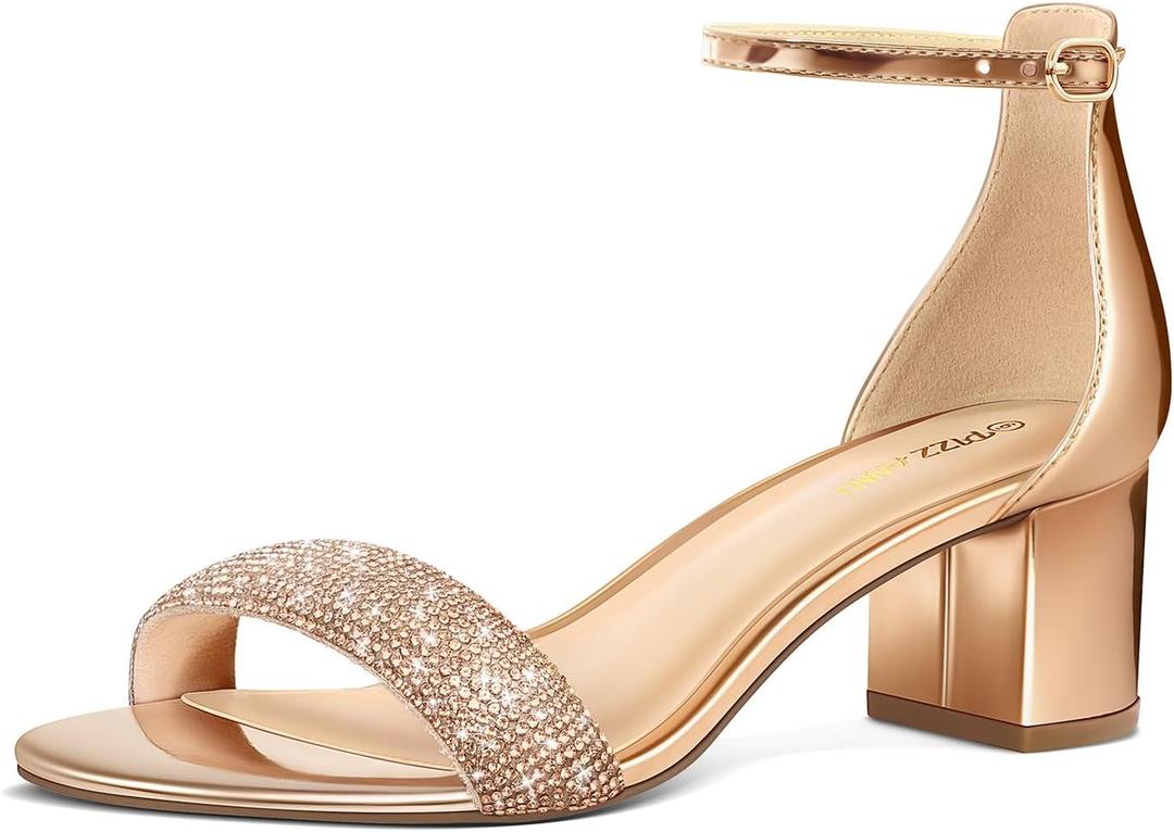 PIZZ ANNU Women's Low Block Chunky Heels Sandals Comfortable Open Toe Ankle Strap Party Dress Pump Shoes Strappy Buckle Heeled Sandal with 2 Inches Tall Thick Heel Design, Size 8 