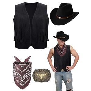 Toulite 4 Pcs Western Outfits for Men Cowboy Tassel Vest Hat Belt Buckle Paisley Bandana for Halloween Cosplay (Black, Black, Coffee,Small)