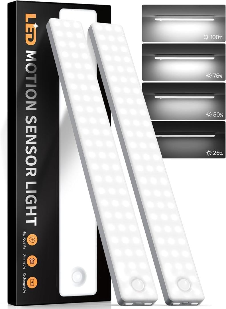 Under Cabinet Lighting, USB Rechargeable Motion Sensor Light Indoor, Battery Operated Closet Light, LED Cabinet Lights, Stick On Dimmable Under Counter Lights for Kitchen (2-Pack)