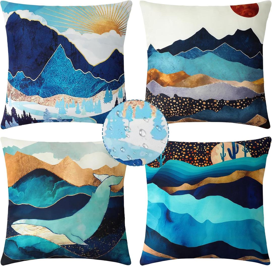 Premillow Outdoor Pillow Covers 18x18 Inch Set of 4, Sunset Blue Hill Decor Throw Pillow Covers Outside Waterproof Pillow for Patio Furniture Bench Chair Couch Sofa, Green Hill
