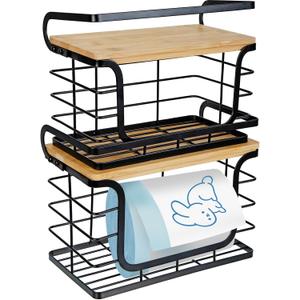 2 Pack Trash Bag Holder with Bamboo Top and Guardrail Wall Mount Stackable Standard Trash Bag Dispenser for Laundry Room Kitchen and Bathroom Organization and Storage