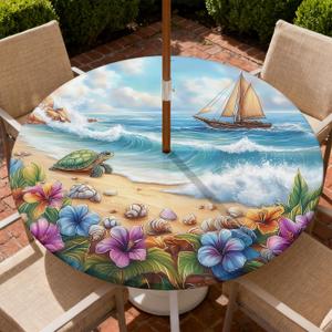 Round Outdoor Tablecloth with Umbrella Hole, Zippered Fitted Tablecloth with Elastic Edge, Waterproof Table Cloth Cover for Picnic Party Fits 37"-44" Round Table, Sea Turtle