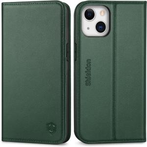 SHIELDON Case for iPhone 13, Genuine Leather Wallet Folding Case with Kickstand RFID Blocking Card Slots Magnetic Shockproof Cover Compatible with iPhone 13 5G (6.1" 2021) - Midnight Green
