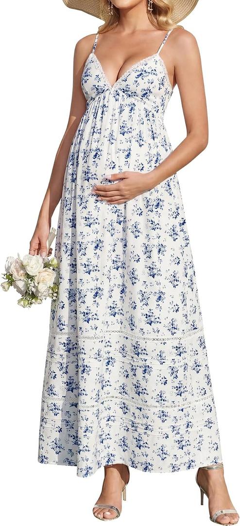 KUTUMAI Summer Lace V Neck Maternity Maxi Dresses for Women 2026 Casual Floral Long Flowy Photoshoot Baby Shower Dress (Blue, M)