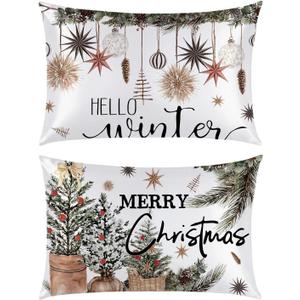Horaldaily Christmas Standard Size Set of 2 Satin Pillowcases for Skin and Hair, Christmas Balls Berries Smooth Soft Similar to Silk Pillowcases for Bedding Sofa Couch,Idea Gifts for Women Men (White)
