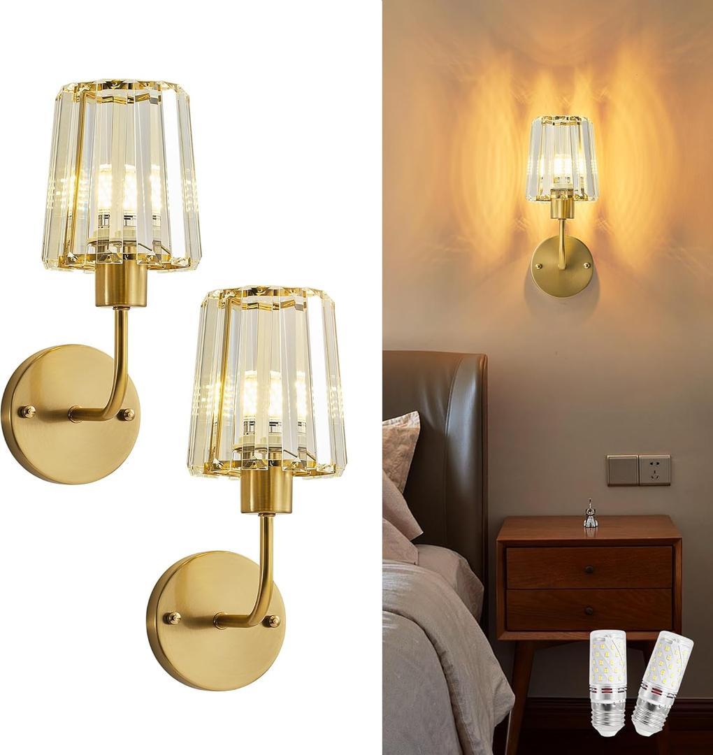 Hardwired Crystal Wall Sconces Set of Two - Dimmable Wall Light Fixtures 3000K, Warm White, for Hallway, Bathroom, Living Room, Bedroom, Brass, 13 Inch