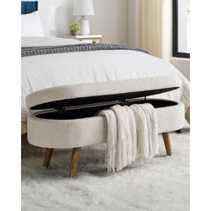 Oval Storage Bench 43.5" Linen Fabric Upholstered Entryway Bench with Solid Wood Legs Ottoman Bench Indoor Bench for Living Room/Bedroom/End of Bed/Entryway (Beige)