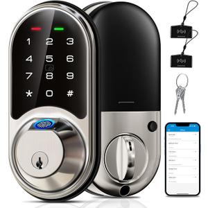 Veise RZ07 Fingerprint Smart Lock, 7-in-1 Smart Locks for Front Door, Keyless Entry Door Lock with App Control, Biometric Electronic Touchscreen Keypad Deadbolt, Satin Nickel