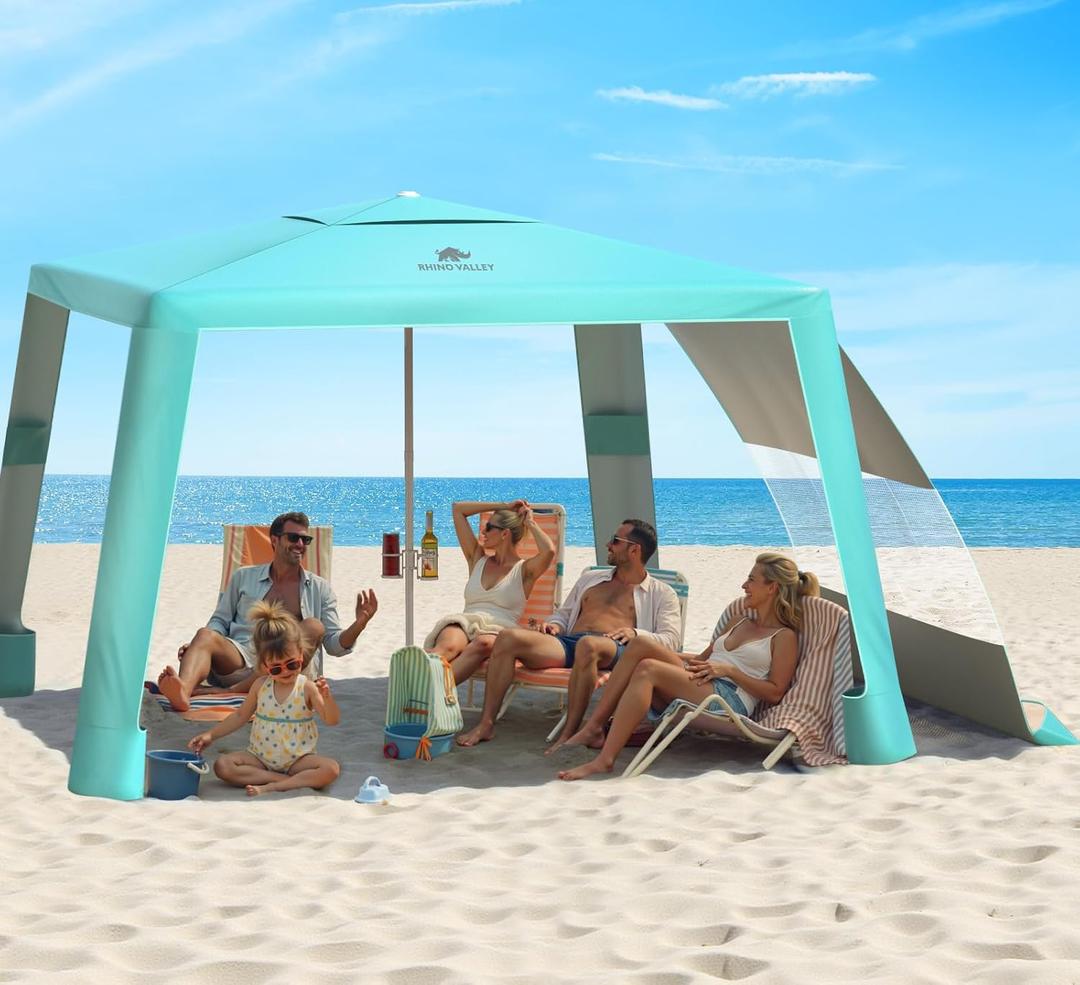 Rhino Valley Beach Cabana, 8  8FT Foldable Beach Tent with Cup Holder, Beach Canopy Easy Setup with UPF50+ Protection, Windproof Stable Beach Tent, Portable Beach Cabana Tent for Beach Camping (Green)