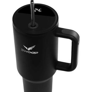 Swoop Smart Tumbler 40 oz | Stainless Steel Vacuum Insulated with Touch Screen Temperature Sensor Lid, Handle and Straw for Water, Coffee, Smoothie, Iced Tea and All Beverages (Raven Black)