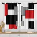 Red Kitchen Curtains 45 Inch Length Black Grey White Window Short Tier Curtains Over Sink Set of 2, Modern Abstract Geometric Art Kitchen Decor 34x45 Inch