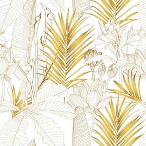 VEELIKE Gold Palm Leaves Tropical Wallpaper Peel and Stick Boho Sketch Lotus Floral Wallpaper for Bedroom Living Room 17.7''x354'' Prepasted Removable Gold Floral Mural Contact Paper for Walls Cabinet