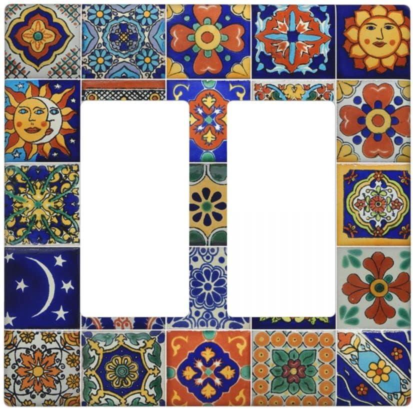 Talavera Mexican Tiles Double Gang Rocker Decorative Light Switch Cover,2-Gang Decorator Wall Plate Switch Plate Cover Receptacle Outlet Cover,Size 4.50" X 4.57"inch