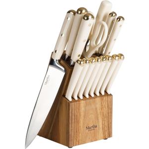 Martha Stewart 16 Piece Lockton High Carbon Stainless Steel Cutlery Kitchen Knife Block Set W/ABS Tripe Riveted Forged Handle Acacia Wood Block - Linen White W/Gold
