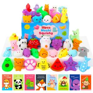 Squishy Toys, 28 Pack Squishies and Cards Party Favors for Kids 4-8 8-12 Treasure Box Classroom Prizes Mochi Squishy Cat Fidget Toys Stress Relief Goodie Bags Easter Basket Stuffers Birthday Gifts