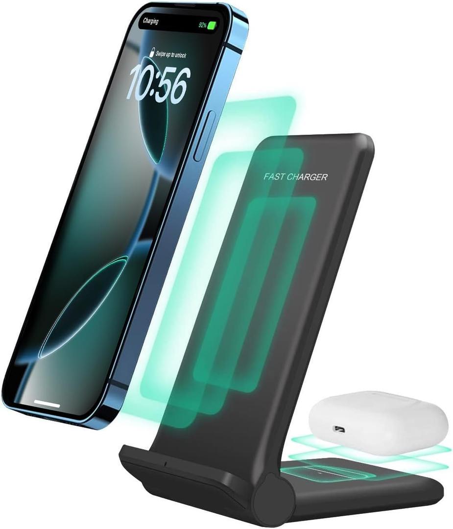 2 in 1 Wireless Charger,Foldable 20W Fast Wireless Charging Stand Compatible with iPhone 17/16/16 Pro/15/14/X/AirPods,Dual Phone Induction Charge Station for Samsung,Pixel,Xperia,LG(No Plug) (Black)