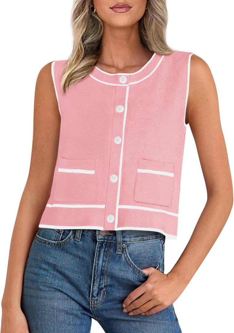 PRETTYGARDEN Vest For Women 2025 Summer Casual Button Down Color Block Sweater Vest Ribbed Knit Tank Tops With Pockets (L)