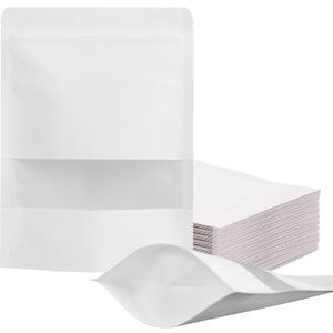 100 Pcs Resealable bags,5.9" x 8.6" Stand Up White Kraft Paper Bags with Matte Window, Zip Lock Food Storage Bags for Packaging Products, Reusable, Sealable