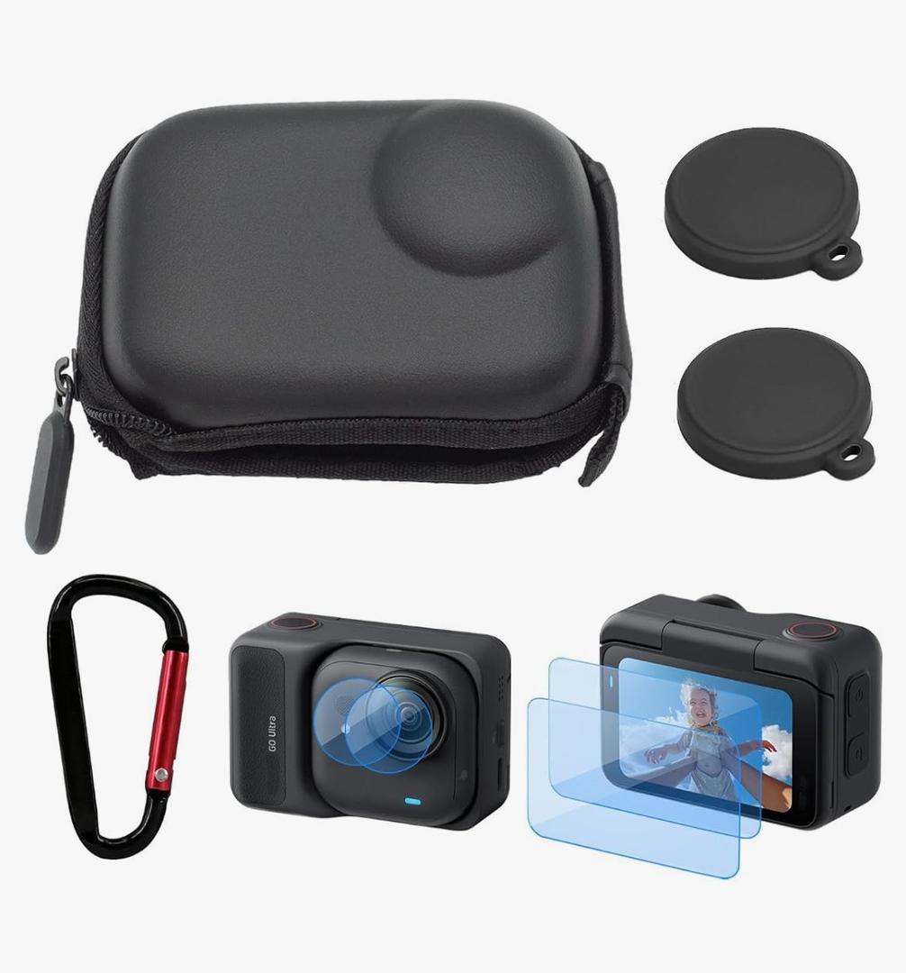 Mini Carry Case for Insta360 GO Ultra Accessories Kit, Half Zipper Hard Shell Bag Include Lens Screen Protector (4 Pack) + 2pcs Lens Cap Cover - Anti-Scratch, Anti-Collision, Anti-Dust