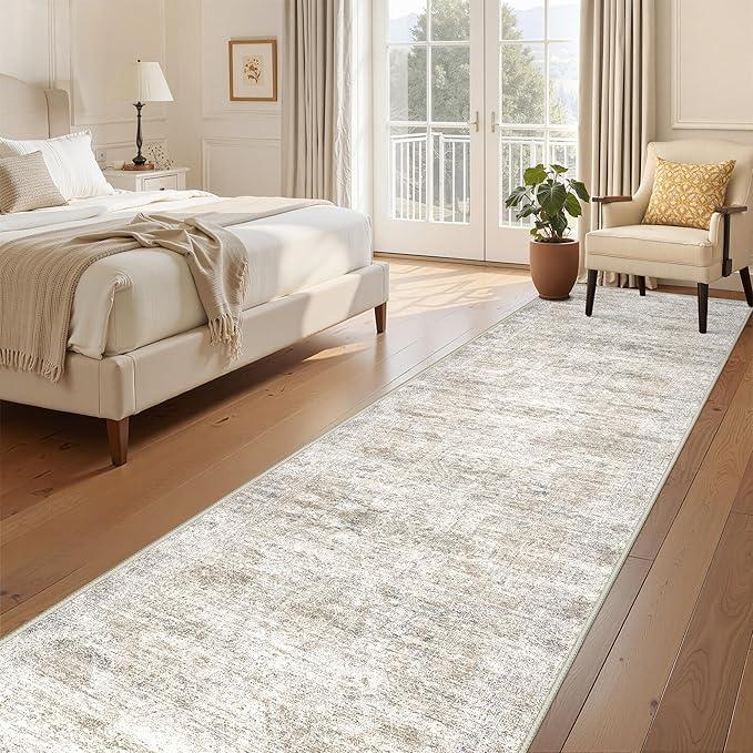3x10 Runner Rug Non Slip Washable for Entryway, Vintage Hallway Rug for Porch, Laundry Room, Bedroom, Abstract Stain Resistant Thin Indoor Kitchen Mats for Floor(3'x10', Brown/Grey/Ivory)
