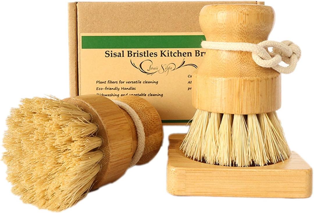 Bamboo Vegetable Brush Set, Natural Bristle Dish Brush with Holder, Eco Friendly Soft Dish Scrubber Kitchen Brush for Dishes (2 Short Handle)