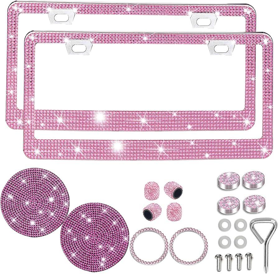 Pink Bling Rhinestone License Plate Frame 2 Packs Sparkly License Plate Holder Glitter Bedazzled Crystal Car License Plate Frame