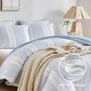 WARMDERN Blue Striped Weave Duvet Cover King Size, White Knit Boho Duvet Cover Set, Microfiber Textured Bedding Set with Zipper Closure and Corner Ties (Blue, King)