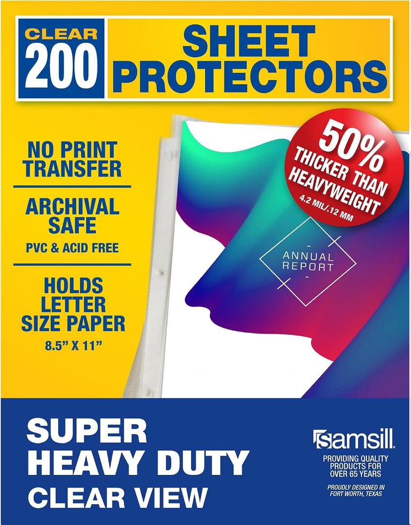 Samsill Sheet Protectors, 8.5x11 Inch Page Protectors for 3 Ring Binder, Super Heavy Duty, Clear Page Protector, Letter Size, Top Loading, Acid Free, 200 Pack