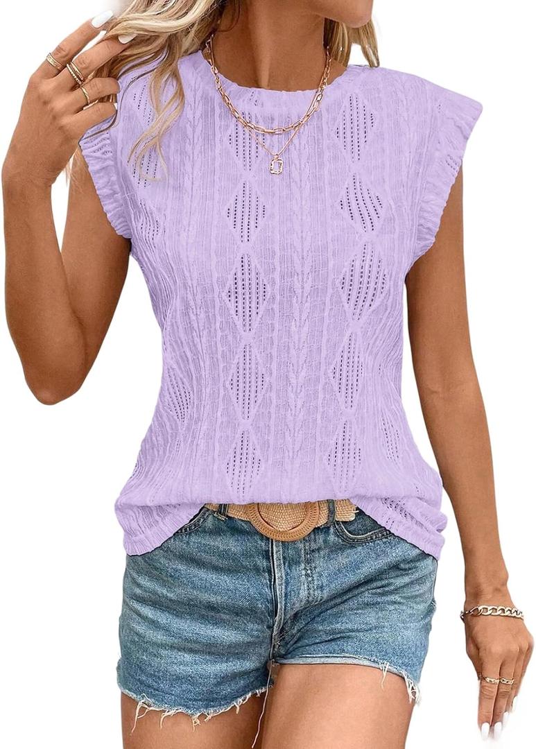 SHEWIN Women's Summer Tops Casual Crewneck Cap Sleeve Shirts Lightweight Crochet Knit Texture Tank Top Blouses (Large, Purple)