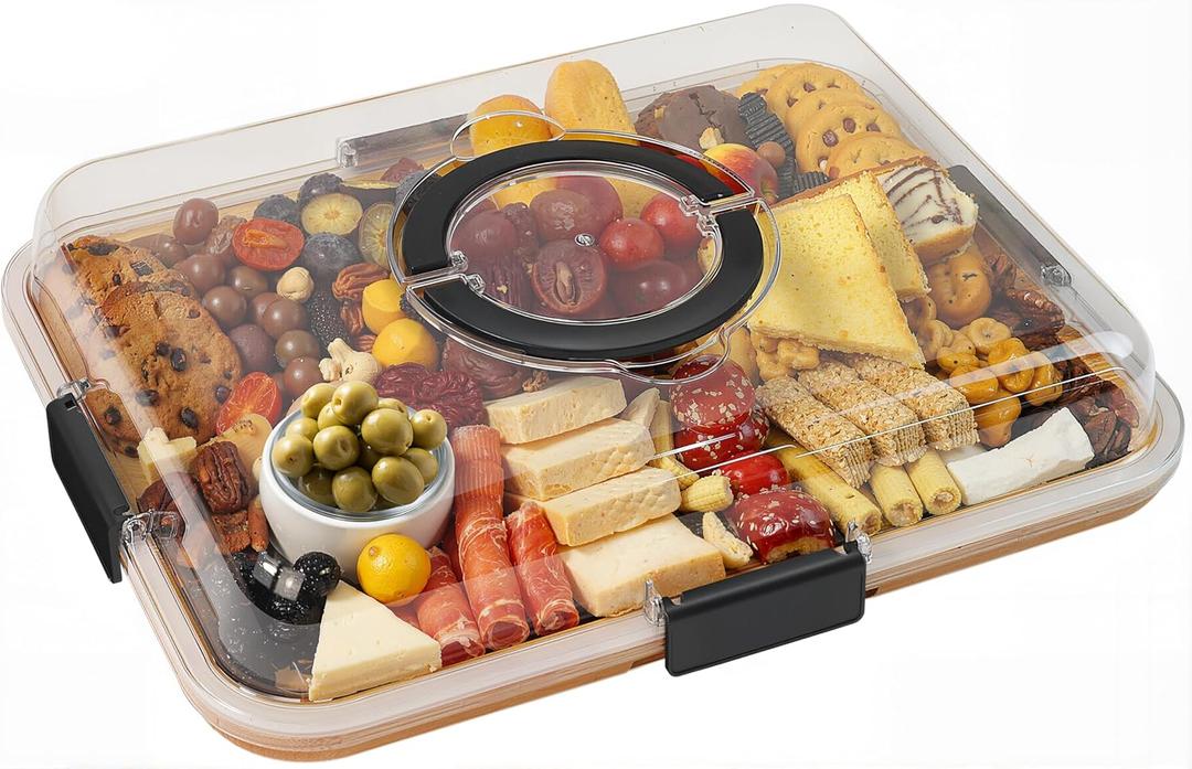 Renmxj Charcuterie Board with Clear Lid, Travel Portable Cheese Board Charcuterie Boxes Cutting Boards for Kitchen, House Warming Gifts New Home, Gifts for Women (6 Compartments Black)