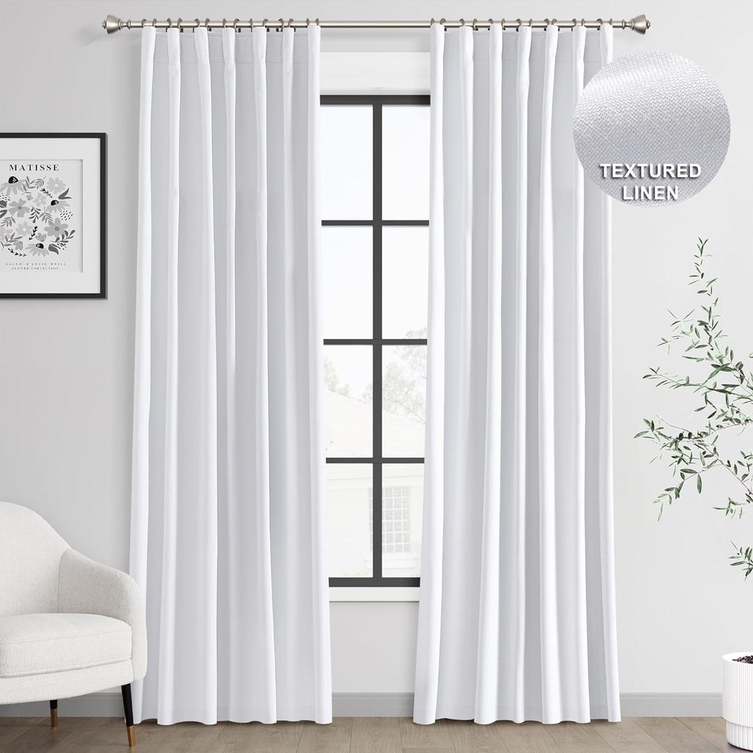 Joywell Linen 100% Blackout Curtains 96 Inches Long, Rod Pocket/Back Tab/Hook Belt/Clip Rings,Pinch Pleated Thermal Insulated Drapes for Master Bedroom Living Room (2 Panels,52 x 96, White)
