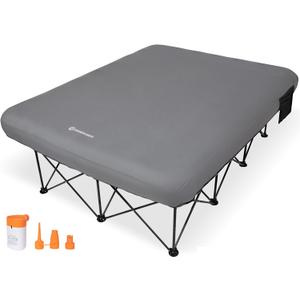 FUNDANGO Queen Cot 2 Person with Electric Pump, Folding Camping Airbed Mattress 600lbs with 2 Cup Holders, Removeable Cover for Adults Outdoor Indoor Tent, Carry Bag Included (Grey)
